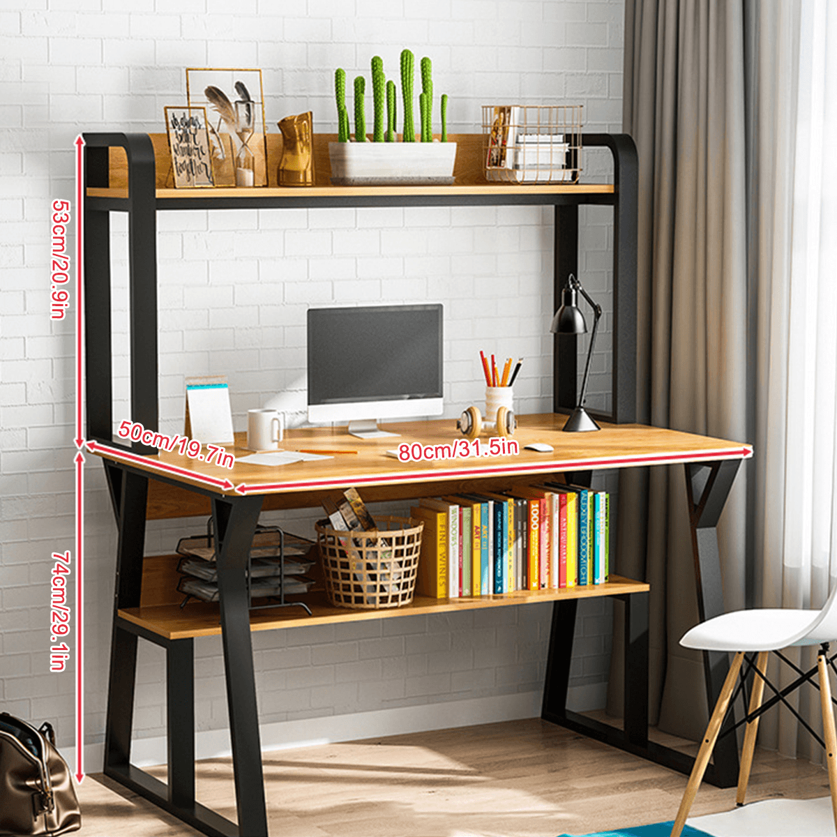 1/2 Tiers Computer Desk Bookshelf Modern Writing Study Desk with Storage Shelf Space Saving Desktop Organizer Workstation for Home Office