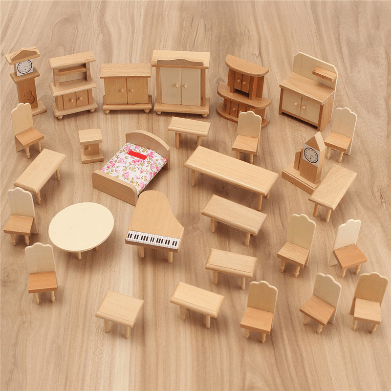 New 29 Pcs 1:24 Scale Dollhouse Miniature Unpainted Wooden Furniture Model Suite