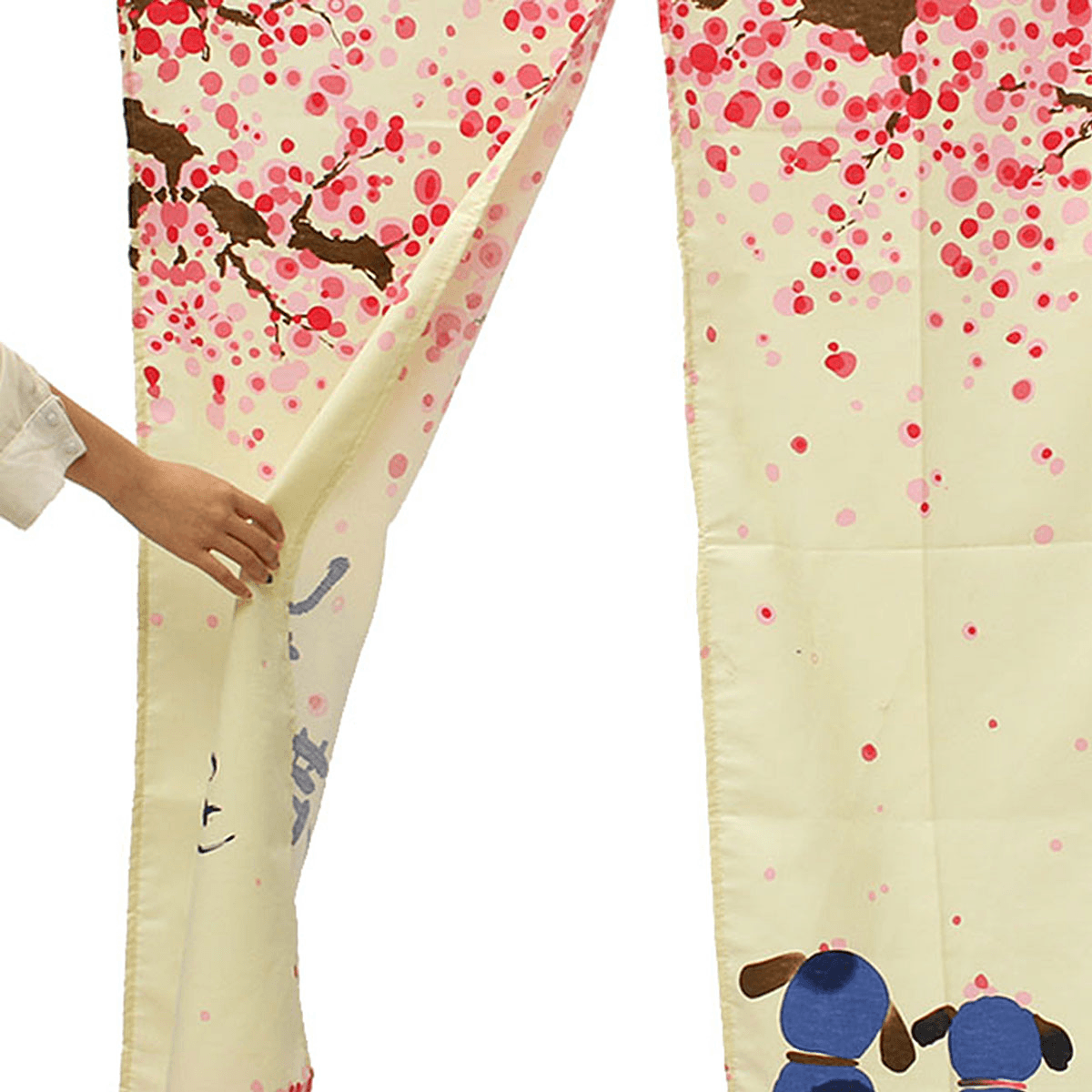 150 x 85 cm großer japanischer Noren-Türvorhang mit romantischer Blüte, Kirsche, Sakura und kleinem Hund