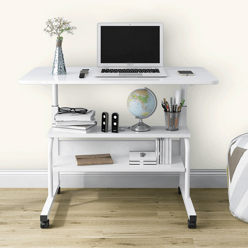 Computer Laptop Desk Adjustable Height Moveable Bed Side Writing Study Table Bookshelf with Storage Racks Home Office Furniture