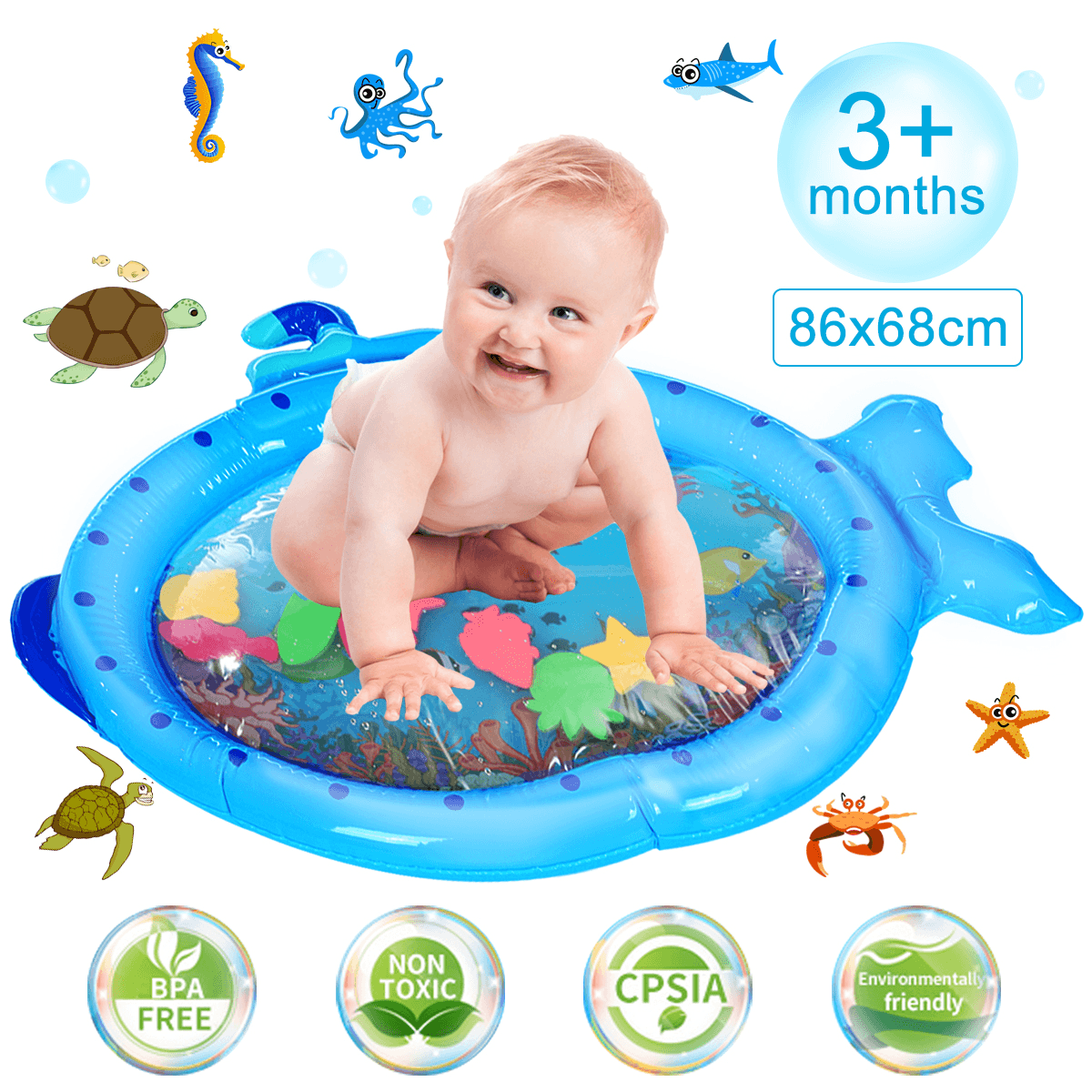 Blue Sprinkler Play Mat with Cartoon Submarine Pattern for Kids Filling Fun Water Cushion Baby Toys Summer Play