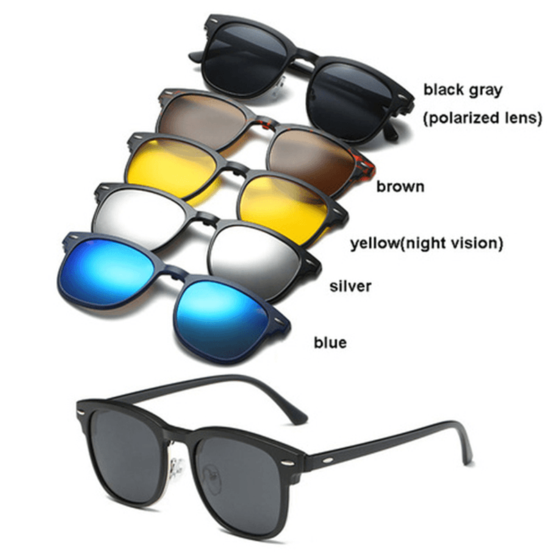 5 in 1 TR-90 Polarized Magnetic Glasses Clip on Magnetic Lens Sunglasses Uv-Proof Night Vision with Leather Bag