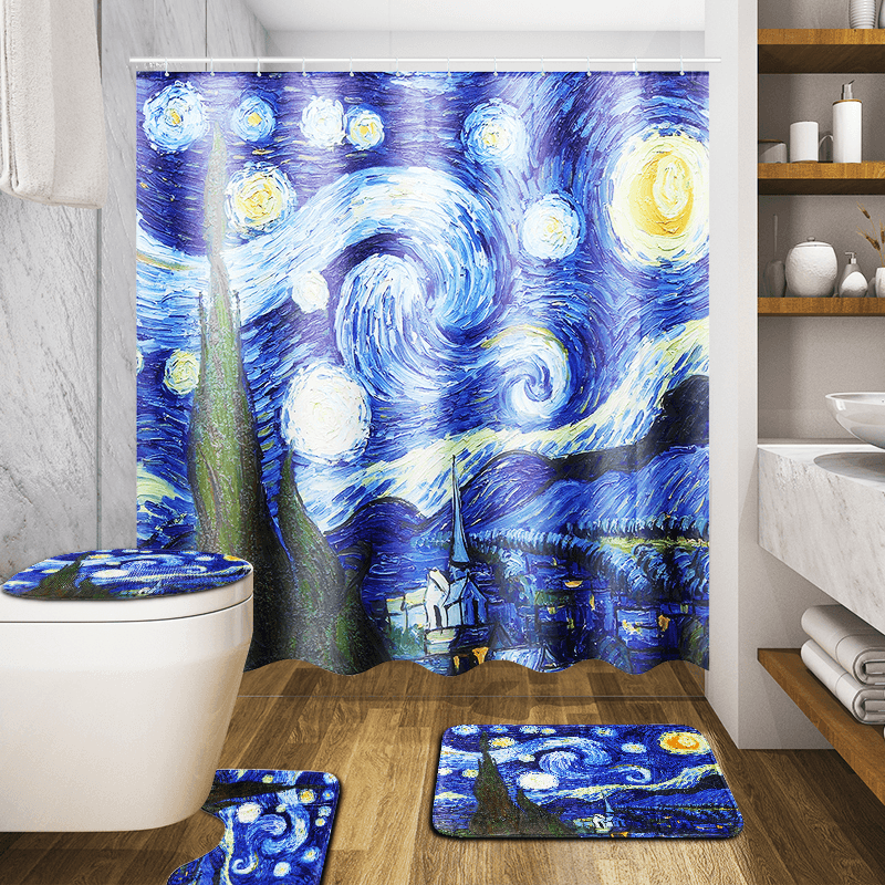 180 x 180 cm, Sternennacht-Muster, Badezimmer-Wasserdach-Duschvorhänge, Toilettenmatte, 12 Haken