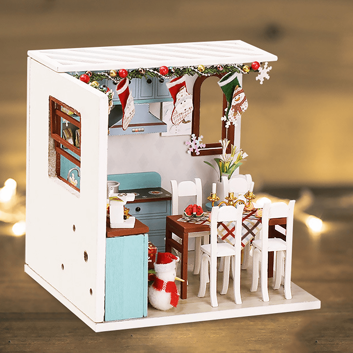 Wooden Dining Room DIY Handmade Assemble Doll House Miniature Furniture Kit Education Toy with LED Light for Collection Birthday Gift