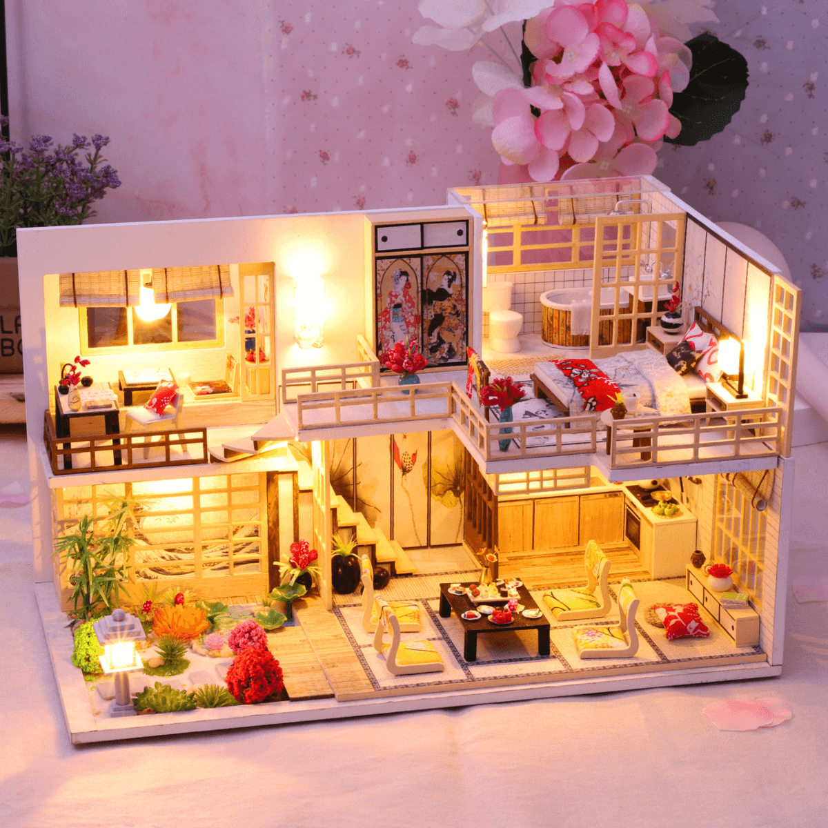 Wooden Crafts DIY Handmade Assembly 3D Doll House Miniature Furniture Kit with LED Light Toy for Kids Birthday Gift Home Decoration