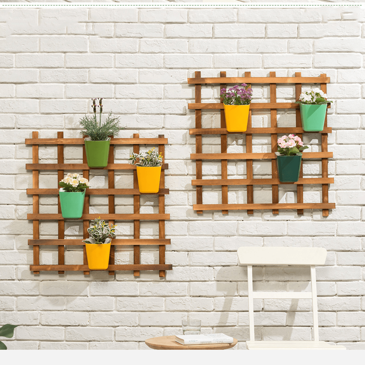 Wall Hanging Flower Pot Shelf Plant Stand Grid Back Wooden Home Garden Decorations