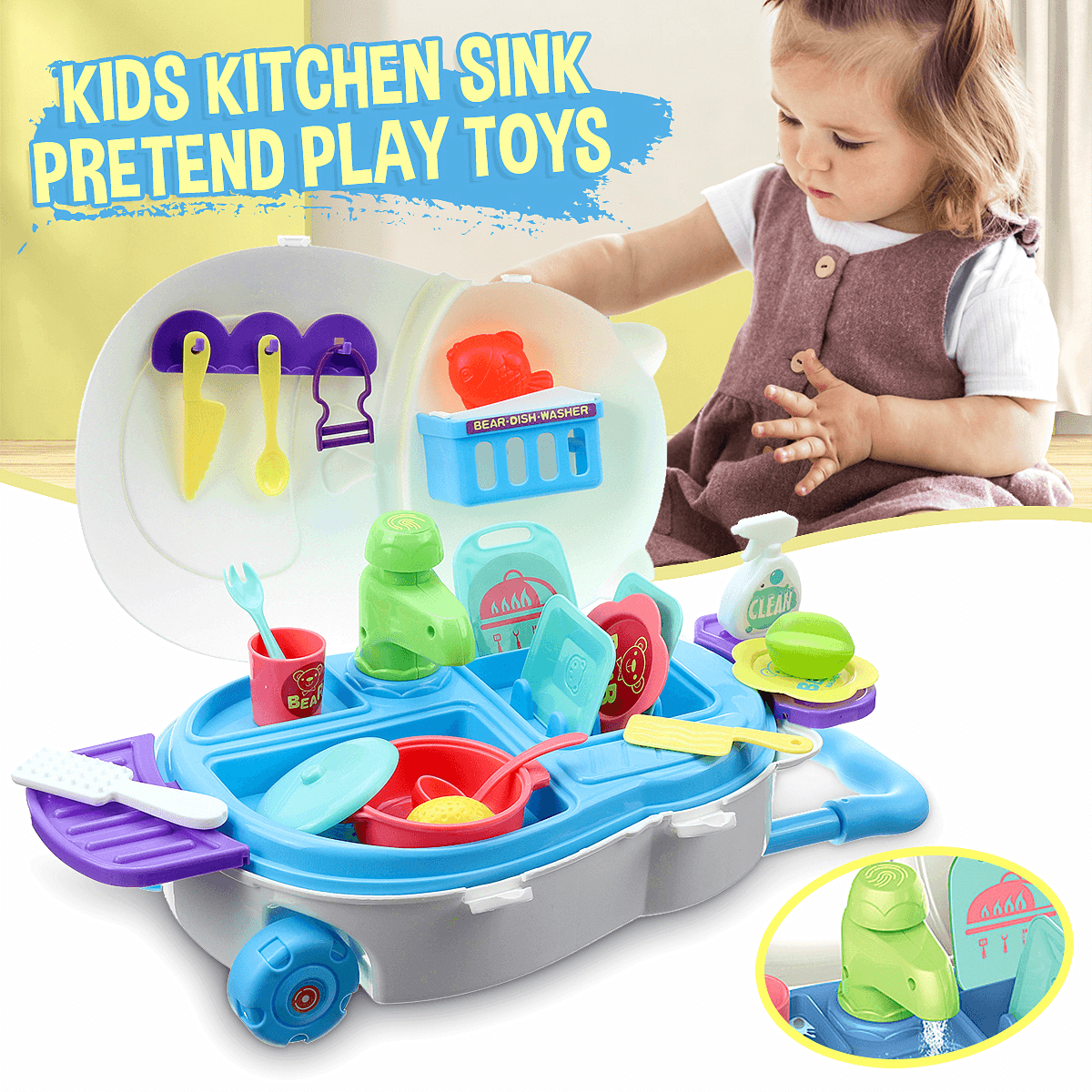 Kids Kitchen Dishwasher Playing Sink Dishes Toys Play Pretend Play Toy Set