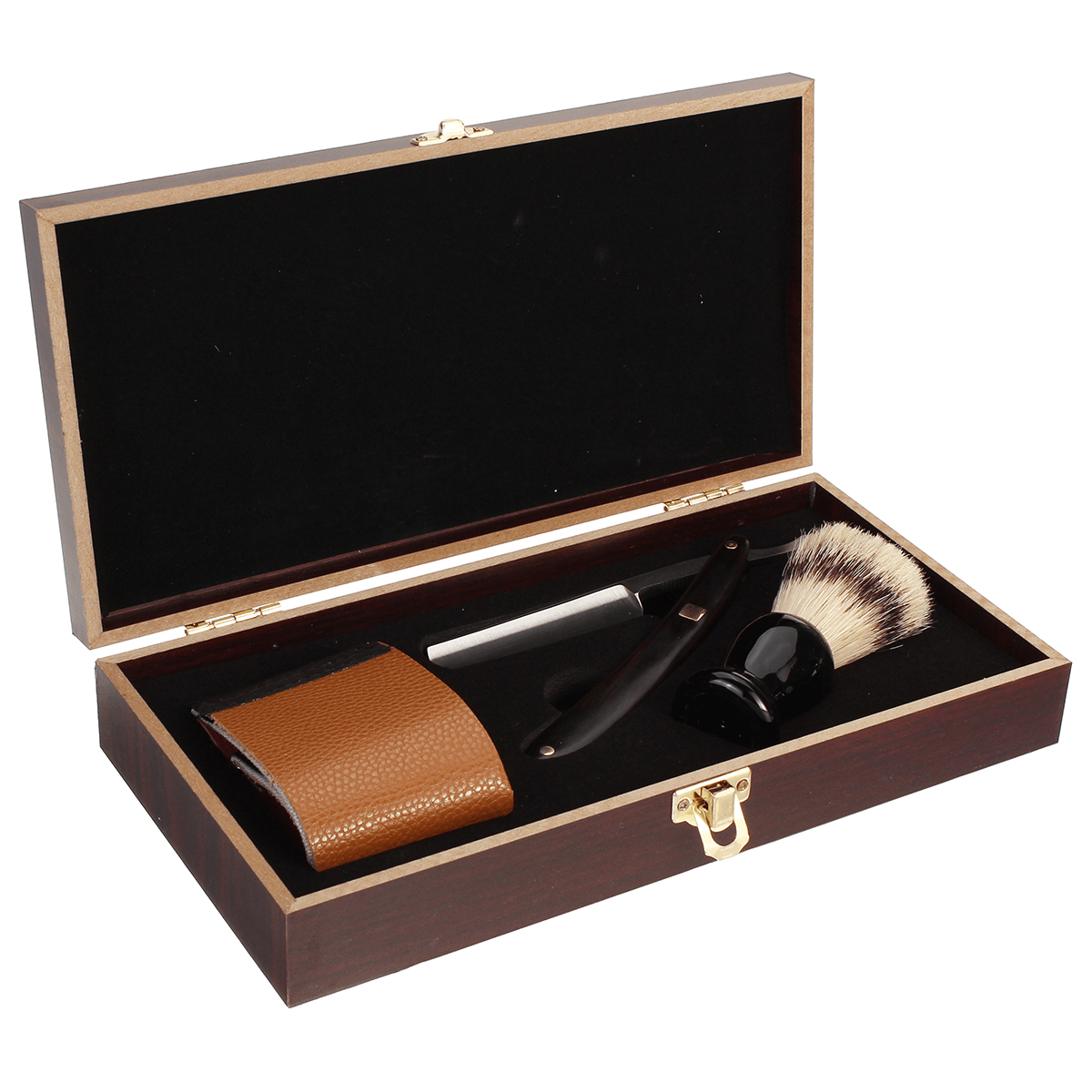 Barber Shaving Kit Set Straight Razor Shaving Brush Strop Wooden Box