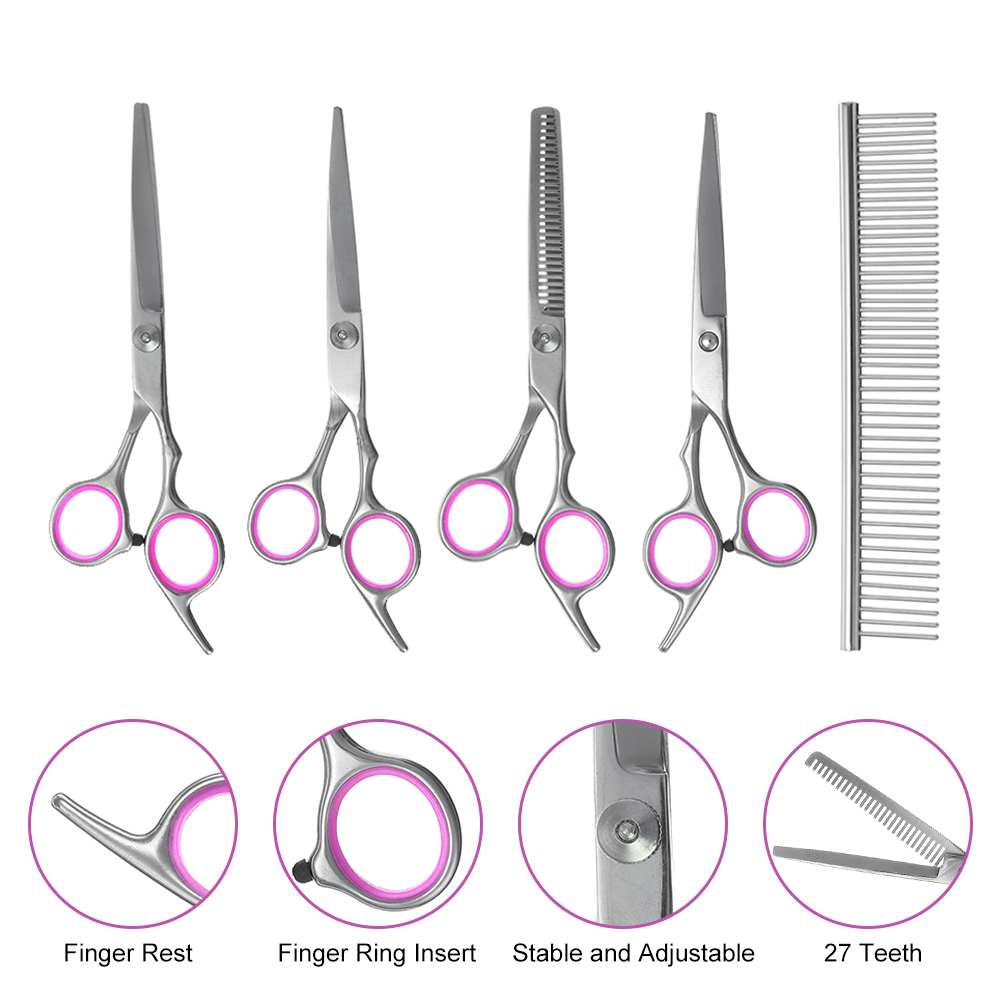 6Pcs Stainless Pet Dog Cat Hair Grooming Scissors Cutting Curved Thinning Shears