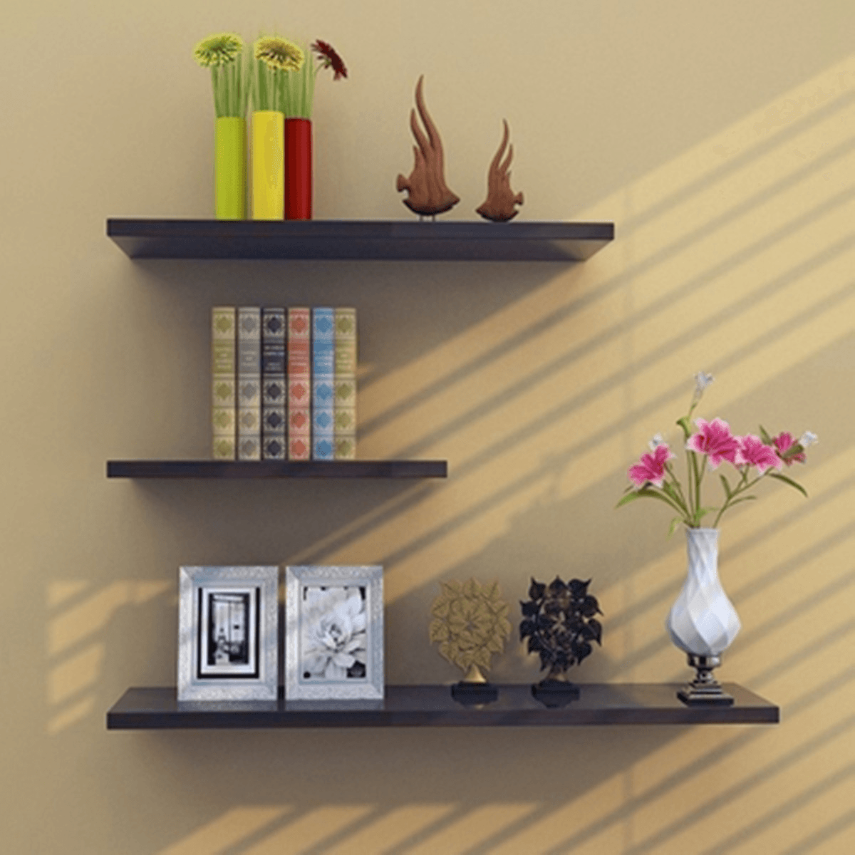 3 Pcs/Set Wood Wall-Mounted Punch Free Shelves Bookshelf Storage Rack Shelf Wall Hanging Decorations Stand Organizer