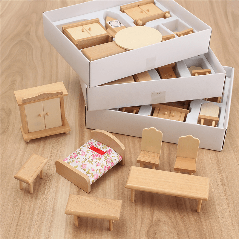 New 29 Pcs 1:24 Scale Dollhouse Miniature Unpainted Wooden Furniture Model Suite