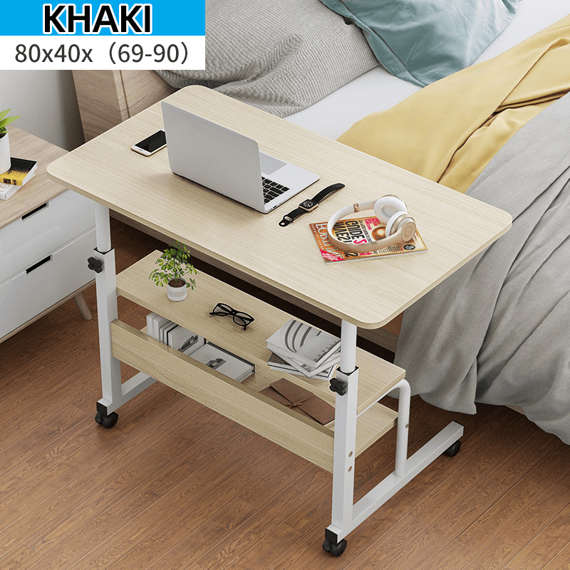 Computer Laptop Desk Adjustable Height Moveable Bed Side Writing Study Table Bookshelf with Storage Racks Home Office Furniture