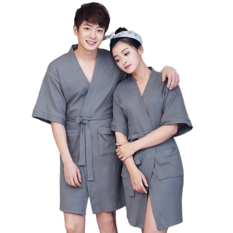 Honana BX-988 Towel Bathrobe Dressing Gown Unisex Men Women Solid Cotton Couple Waffle Sleep Lounge