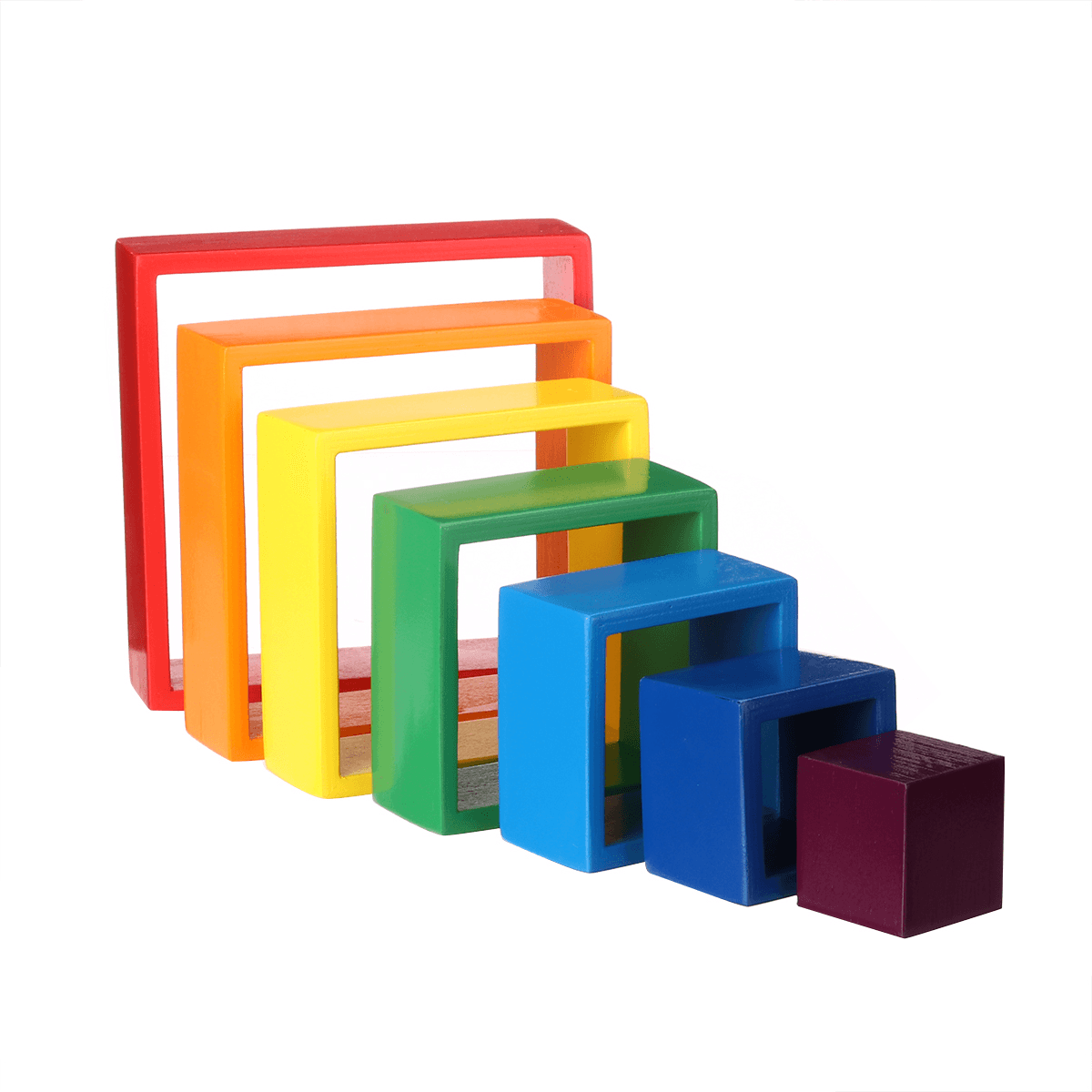 Quadratisches 7-teiliges 6,1 x 6,1 x 1,73 Zoll großes Regenbogen-Stapelspielzeug aus Holz mit verschachtelten Stapelspielen und Bausteinen