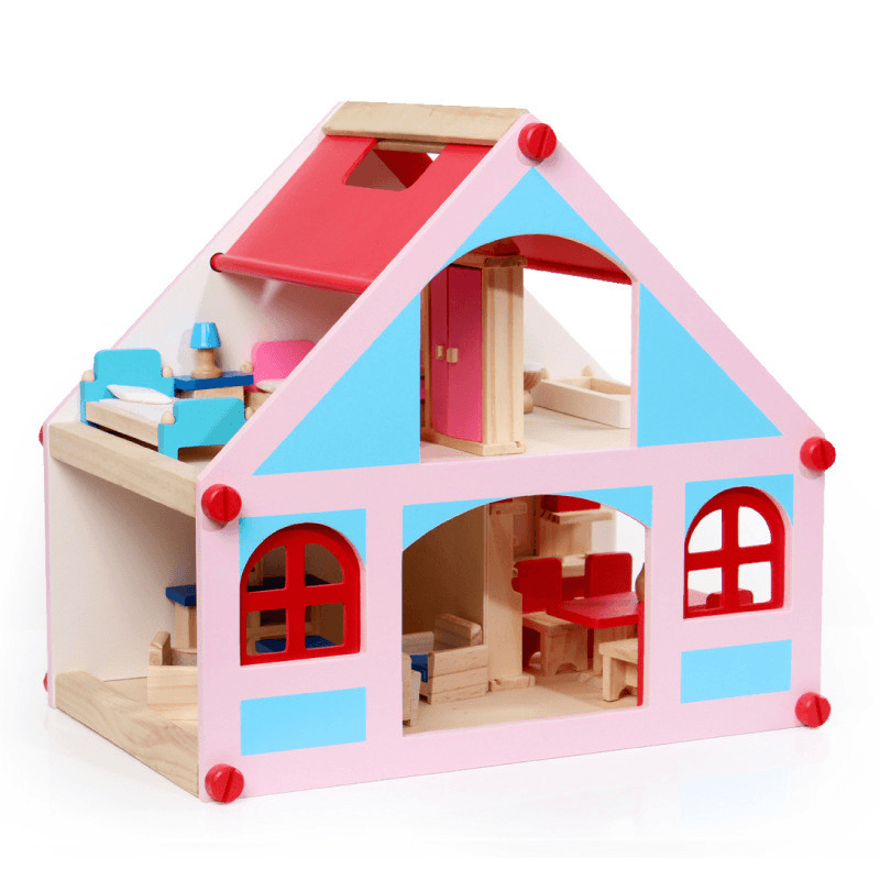 Wooden Delicate Dollhouse with All Furniture Miniature Toys for Kids Children Pretend Play