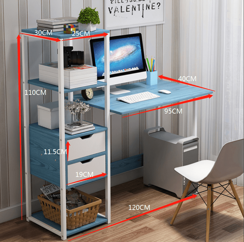 Computer-Laptop-Schreibtisch, 47-Zoll-Schreibtisch, Schreibtisch, Bücherregal, Desktop-Multifunktions-Desktop-Arbeitsplatz mit Lagerregalen und 2 Schubladen, Heimbüromöbel