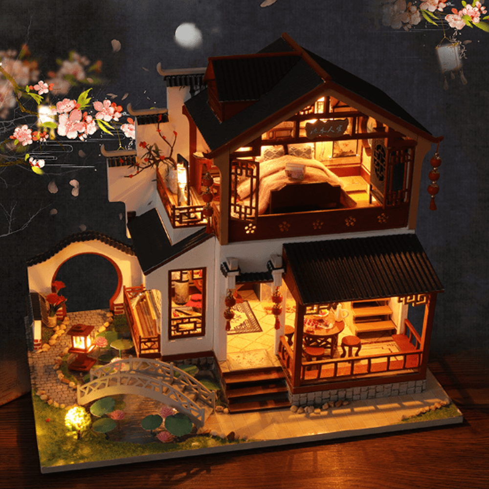 Wooden DIY Doll House with Furniture Zhao Hua Xi Shi Retro Chinese Style Antique Architecture Loft Doll House Indoor Toys