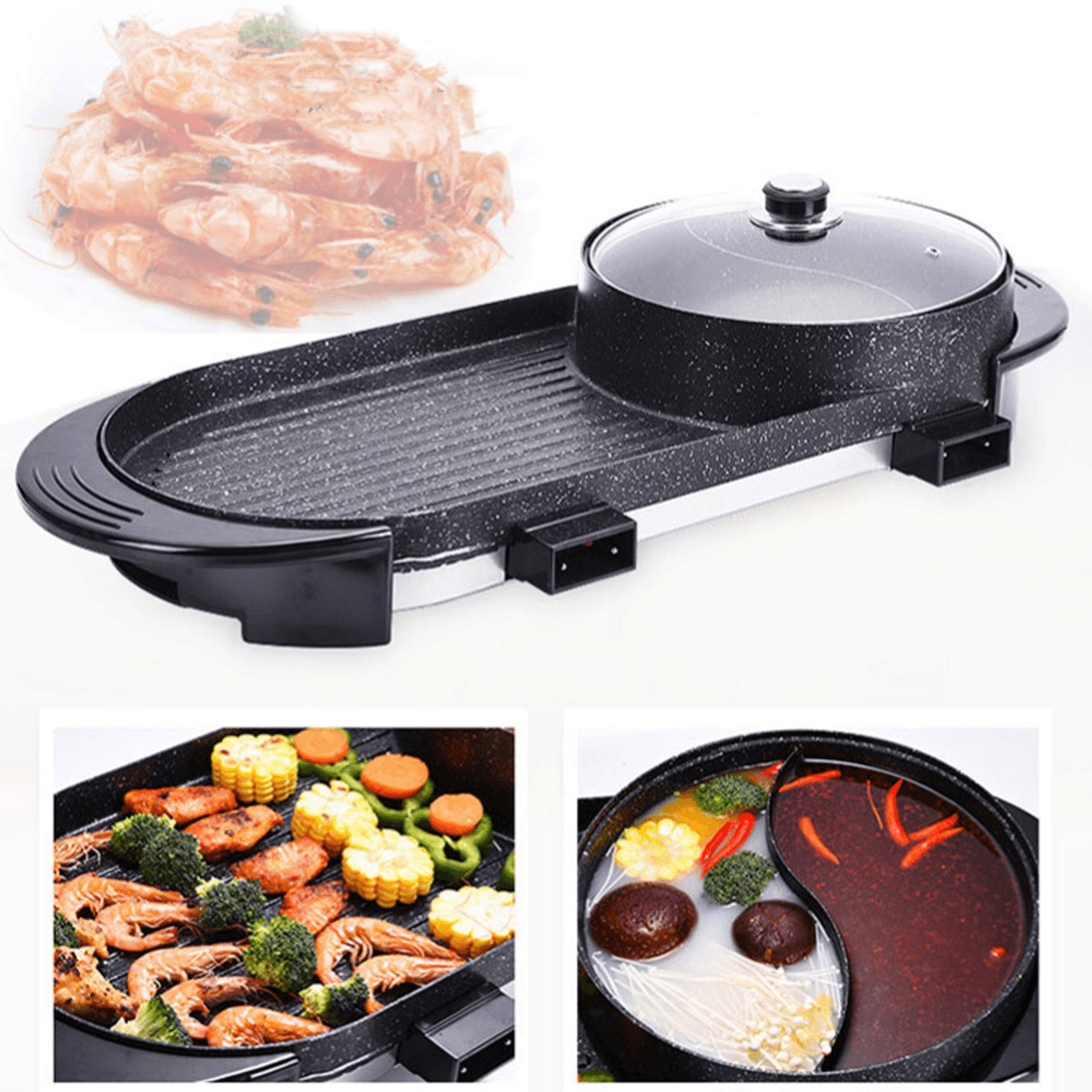 2 in 1 Multifunction Electric Grill Non-Stick Non-Smoke Hot Pot Barbecue 1800W