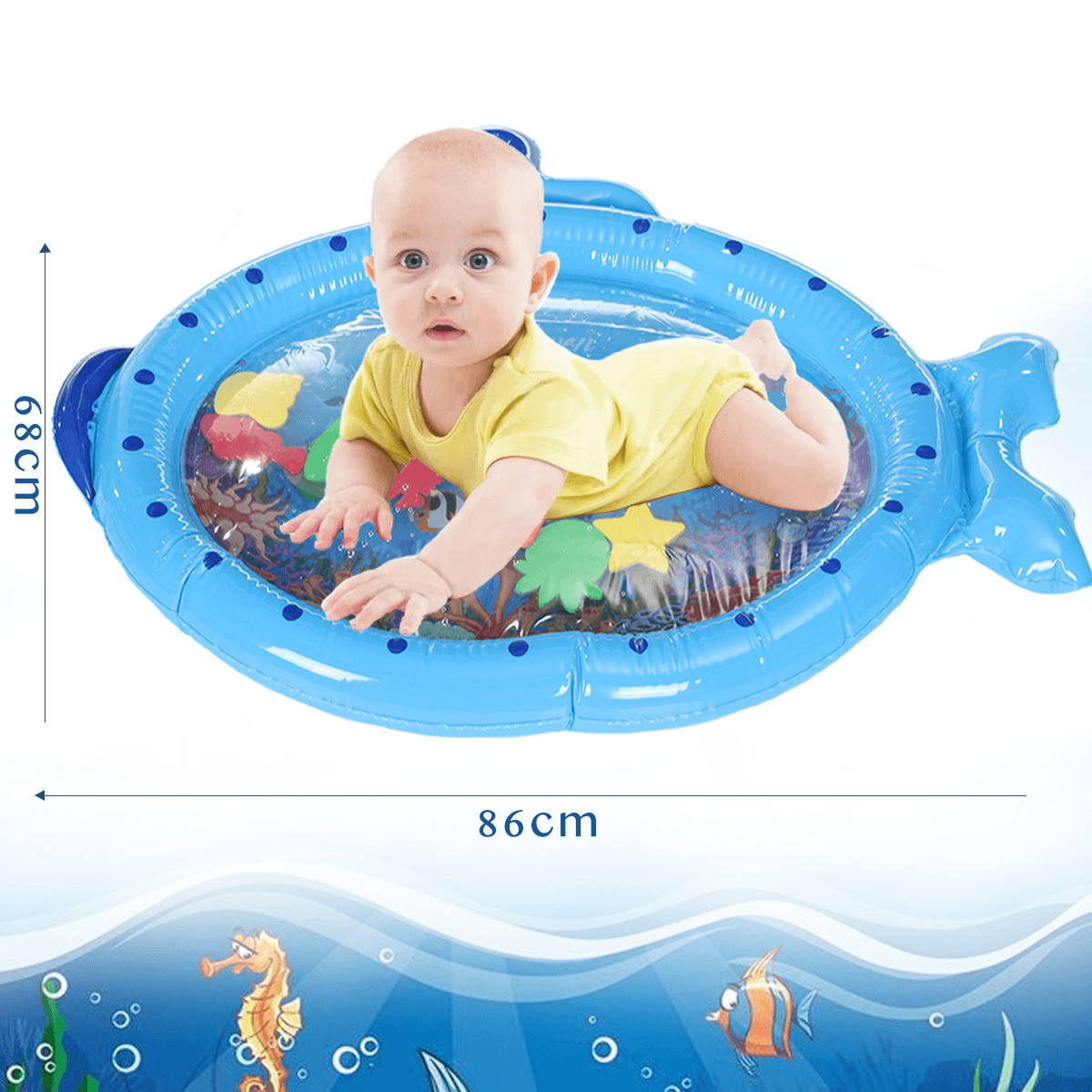 Blue Sprinkler Play Mat with Cartoon Submarine Pattern for Kids Filling Fun Water Cushion Baby Toys Summer Play