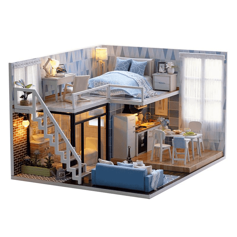 Cuteroom L-023 Blue Time DIY House con muebles Music Light Cover Miniatura Modelo Regalo Decoración