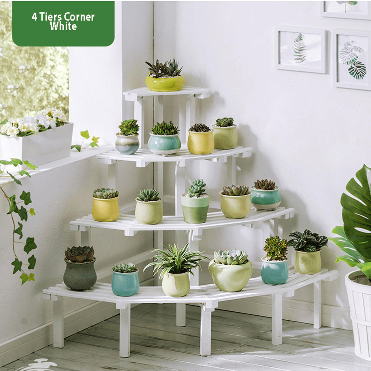 3/4 Tiers Wooden Corner Flower Shelf Indoor Outdoor Plant Stand Pot Rack Garden Office Home Decorations