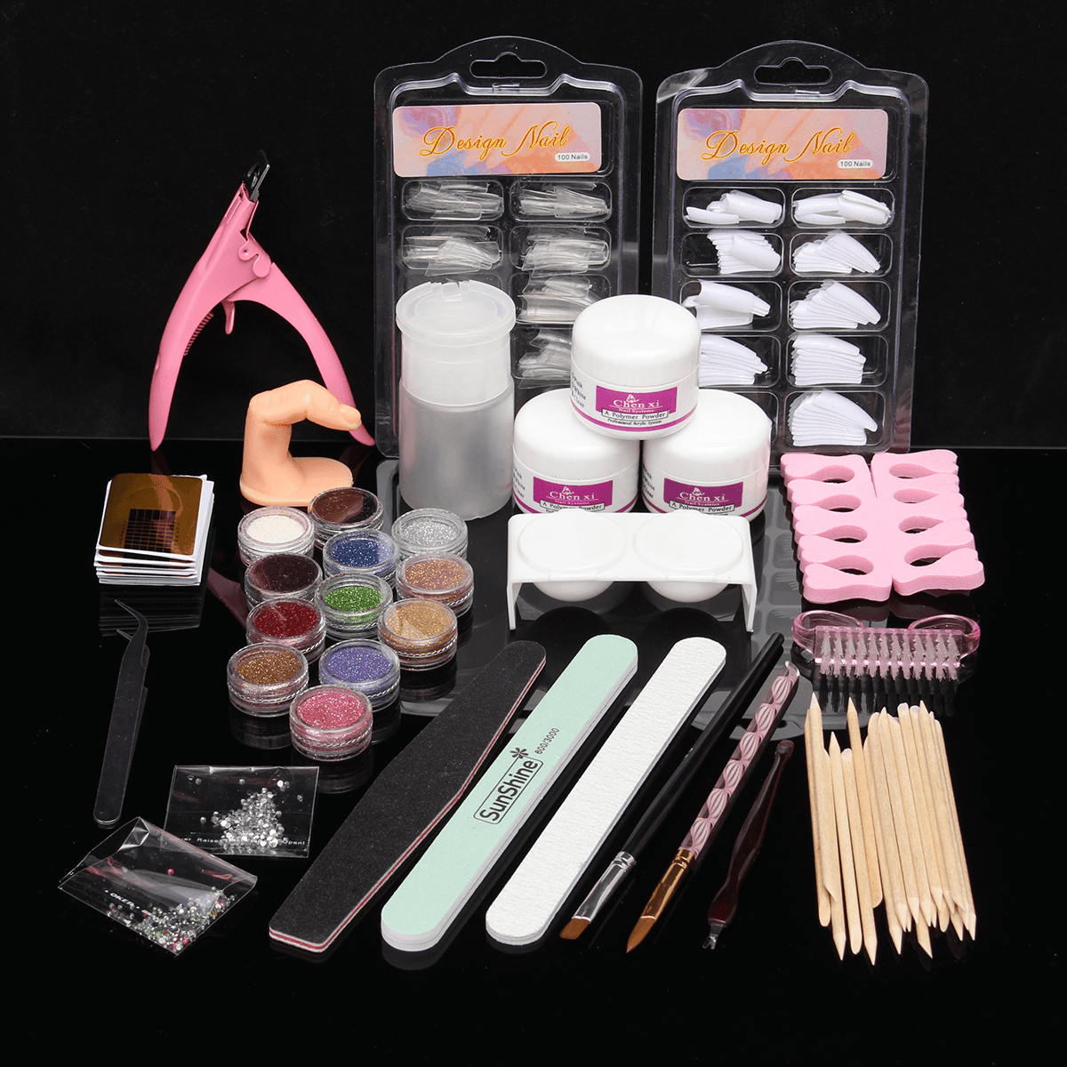 Acrylic Powder Nail Art Set Pink False Nail Art Cutter Liquid Pump Dispenser Sanding File