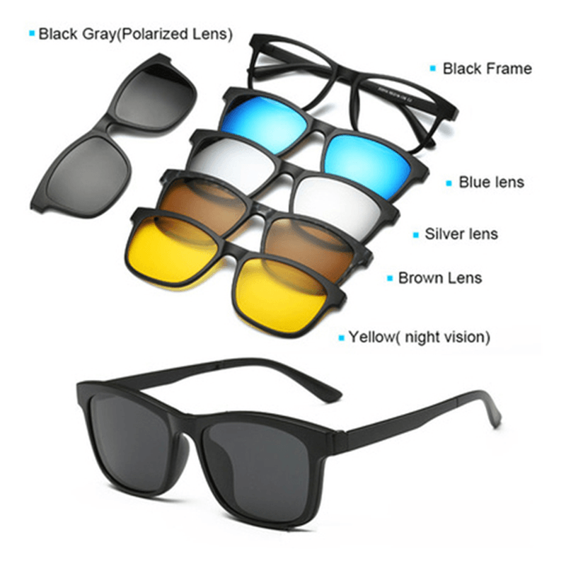 5 in 1 TR-90 Polarized Magnetic Glasses Clip on Magnetic Lens Sunglasses Uv-Proof Night Vision with Leather Bag