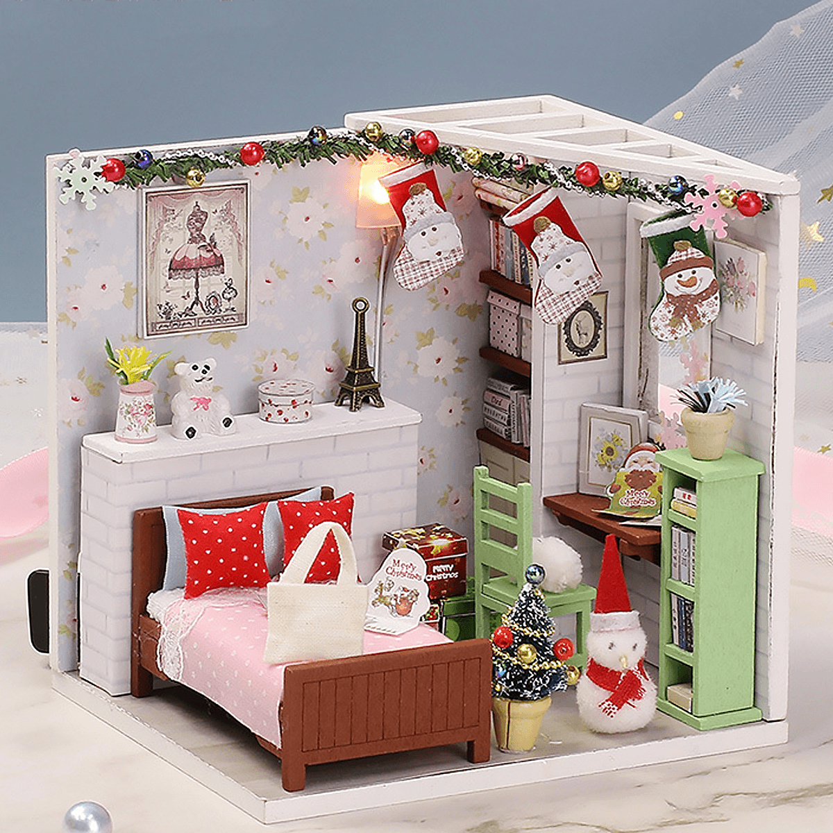 Wooden Bedroom DIY Handmade Assemble Doll House Miniature Furniture Kit Education Toy with LED Light for Collection Birthday Gift