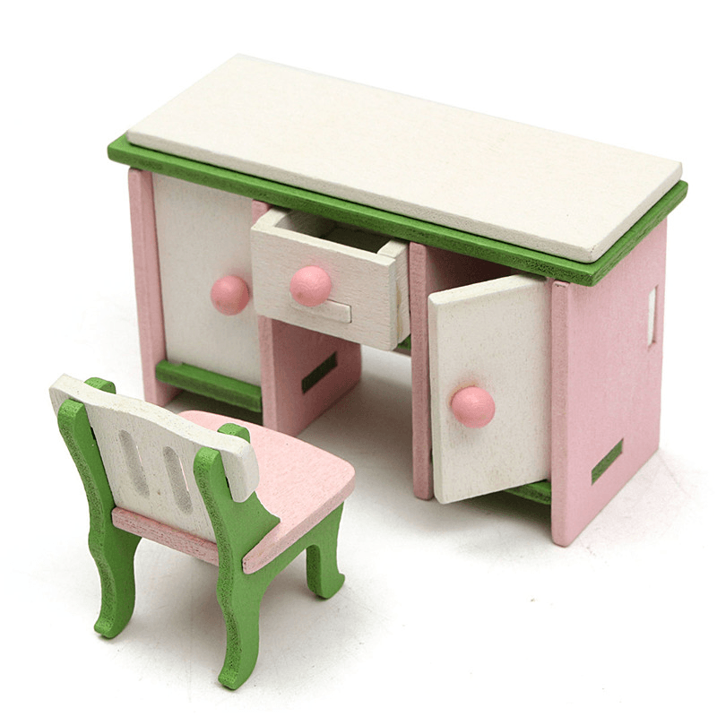 Dollhouse Miniature Bedroom Kit Wooden Furniture Set Families Role Play Toy