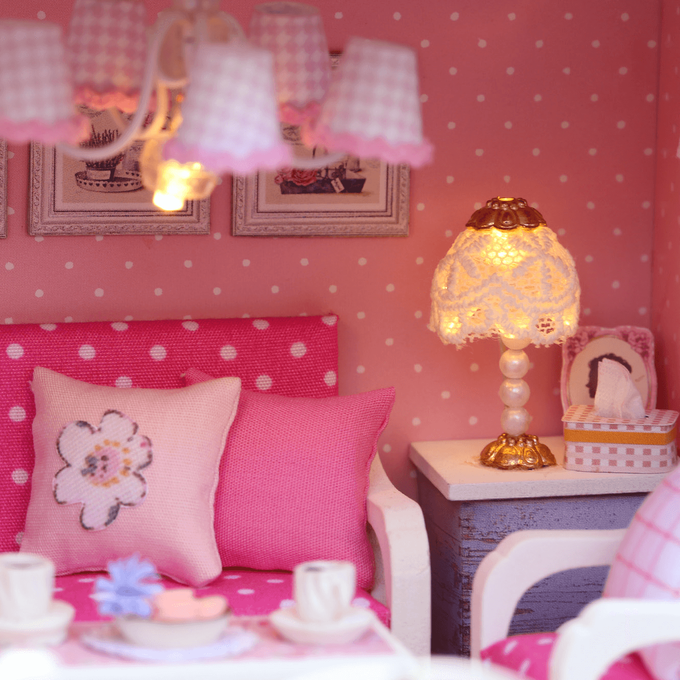 Cuteroom 1/24 DIY Wooden Dollhouse Pink Cherry Handmade Decorations Model with LED Light&Music Birthday