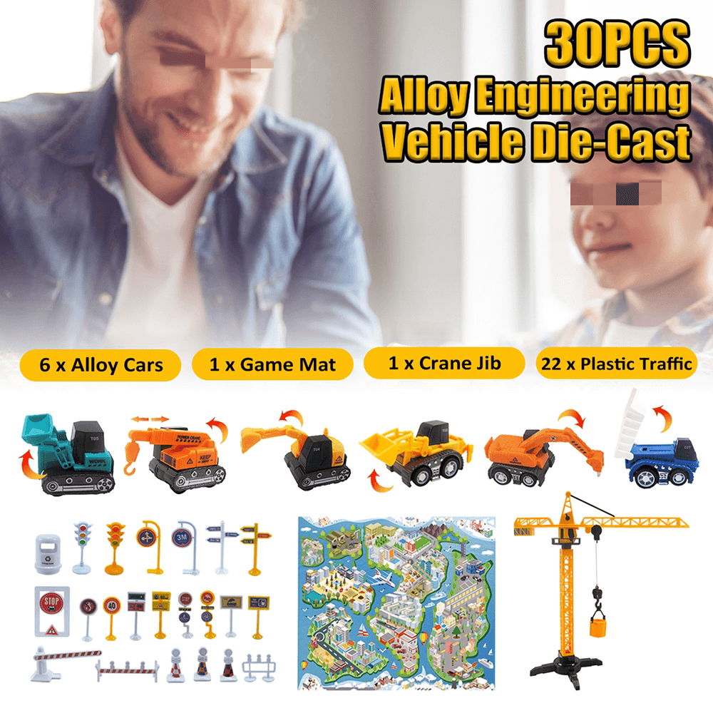 30PCS Colorful Alloy & Plastic Enginnering Vehicle Toys Set with Game Mat for Model Toys