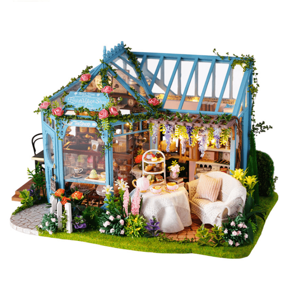 Cute Room Rose Garden Tea House DIY Kit de casa de muñecas hecho a mano Kit de muebles en miniatura con música y efecto LED Juguete para niños Cumpleaños Regalo de Navidad Decoración de la casa