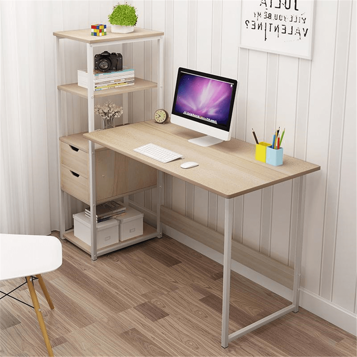 Computer Laptop Desk 47 Inch Writing Study Table Bookshelf Desktop Multifunction Desktop Workstation with Storage Racks & 2 Drawers Home Office Furniture