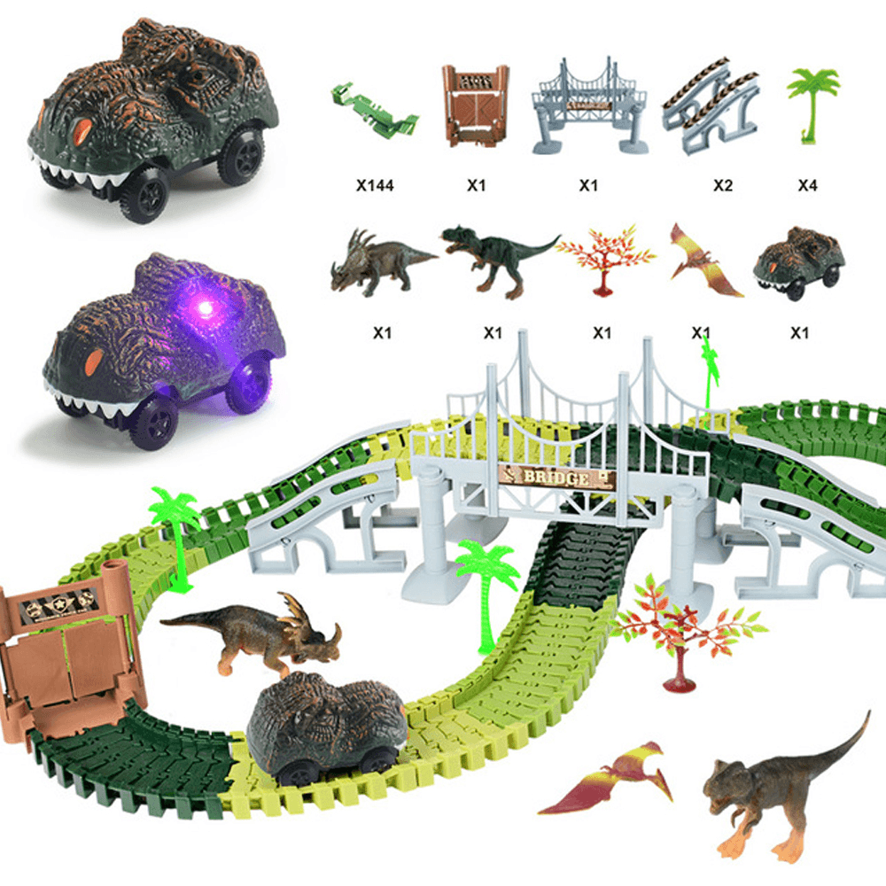 144 PZ Pista del Treno Colorato Elettrico Fai da Te Assemblare Blocchi di Dinosauro Pista Modello di Puzzle Giocattolo Educativo per Regalo per Bambini