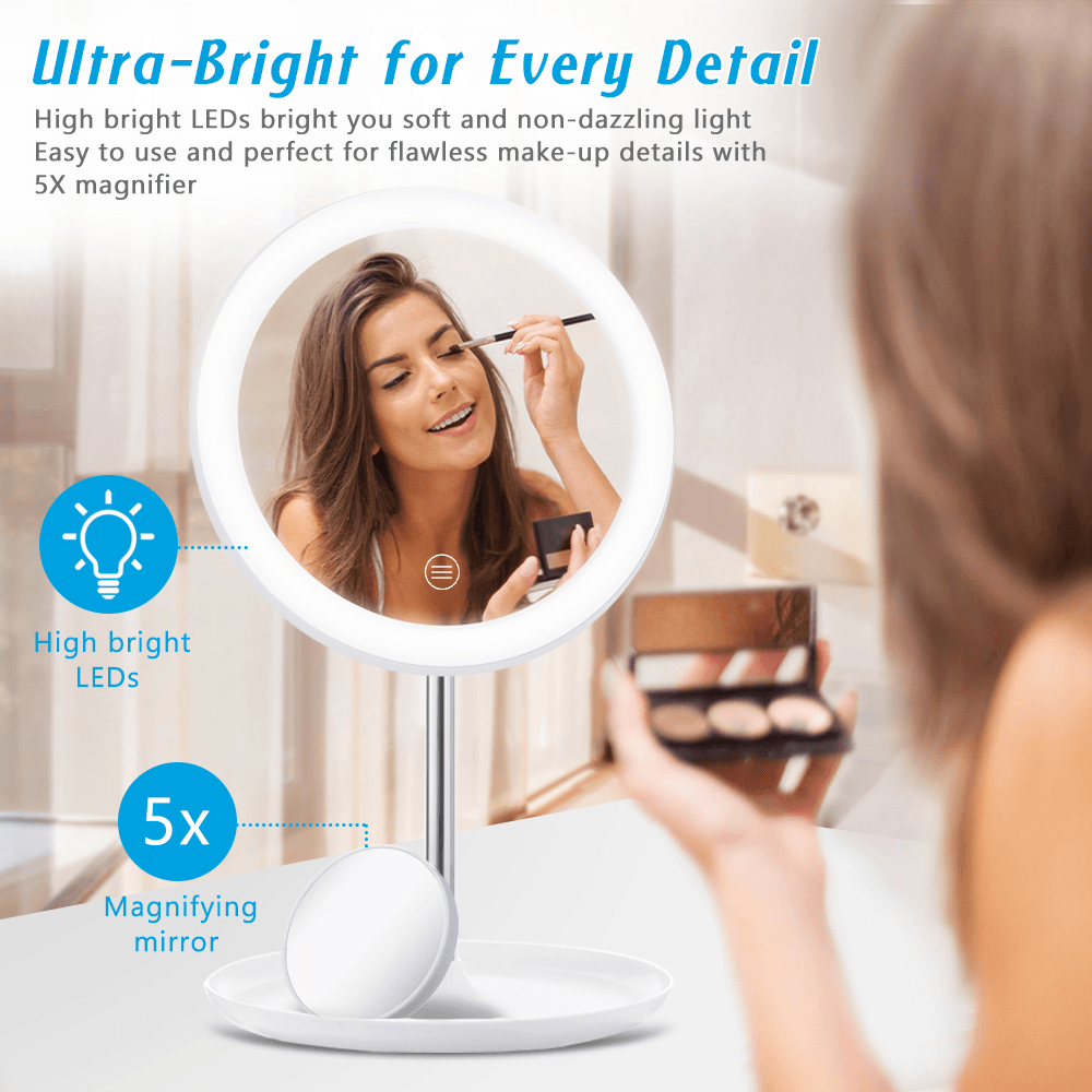 GLIME White Circular Mirrors Lamp 1200 Ma Battery with 5X Magnifier Touch Switch Three Color Temperature Adjustment Polarless Dimming Distribution USB Wire