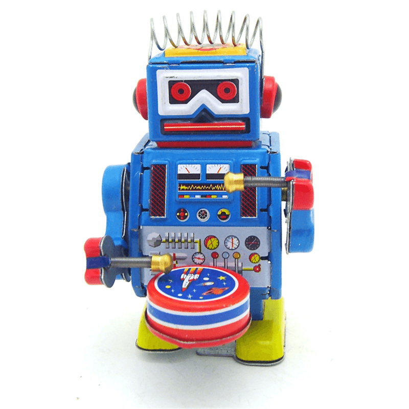 Klassisches Vintage-Uhrwerk, aufziehbare Trommel, spielender Roboter, Reminiszenz, Kinder-Blechspielzeug mit Schlüssel