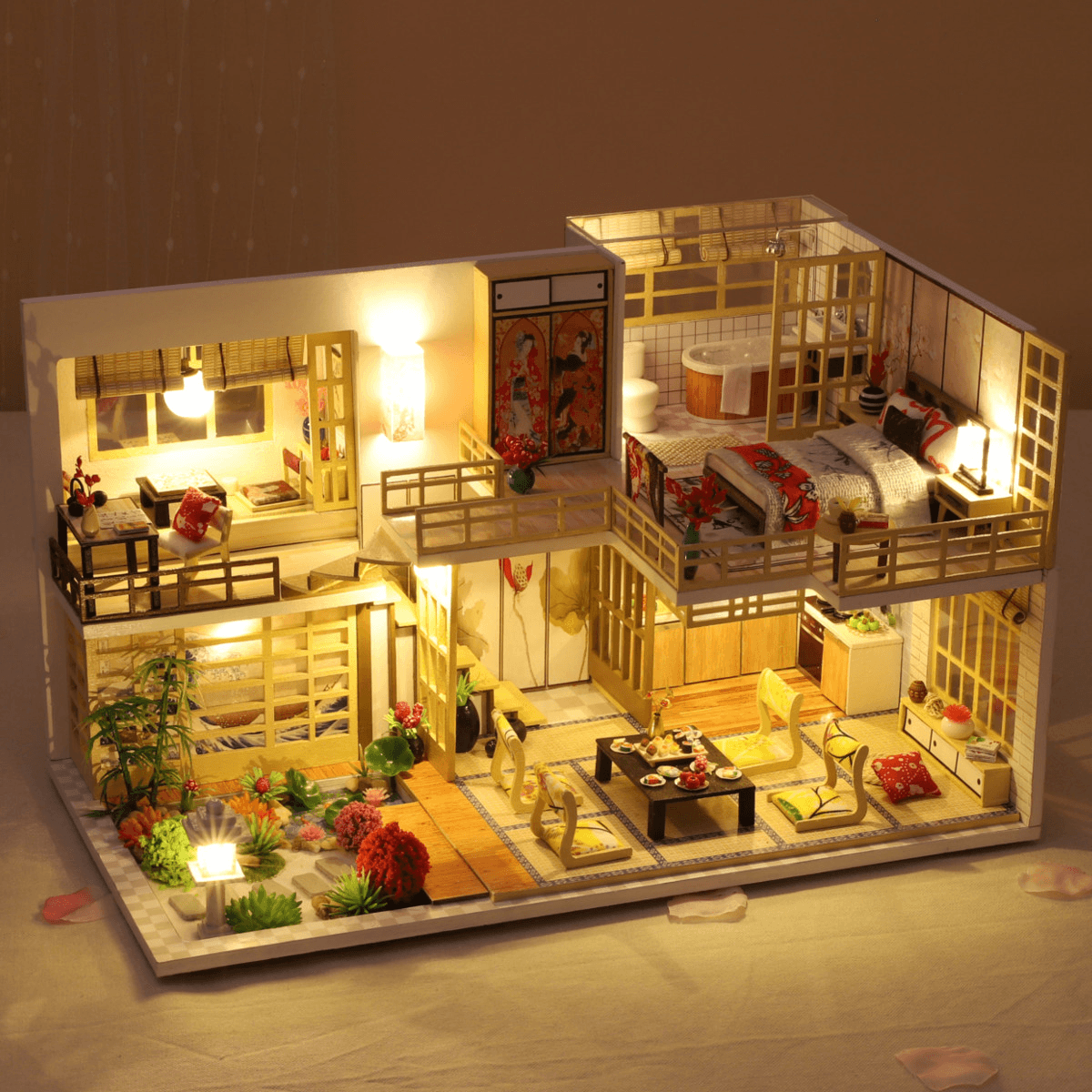 Wooden Crafts DIY Handmade Assembly 3D Doll House Miniature Furniture Kit with LED Light Toy for Kids Birthday Gift Home Decoration