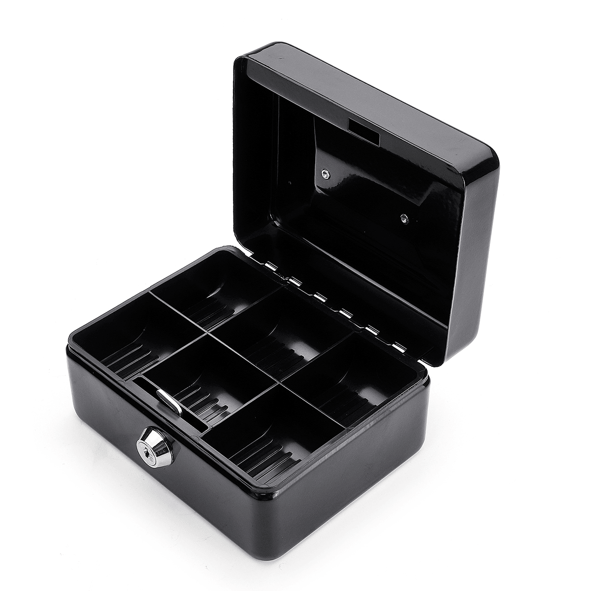 Mini caja de almacenamiento portátil de dinero seguro Metal resistente negro con bandeja para monedas Caja de transporte de efectivo