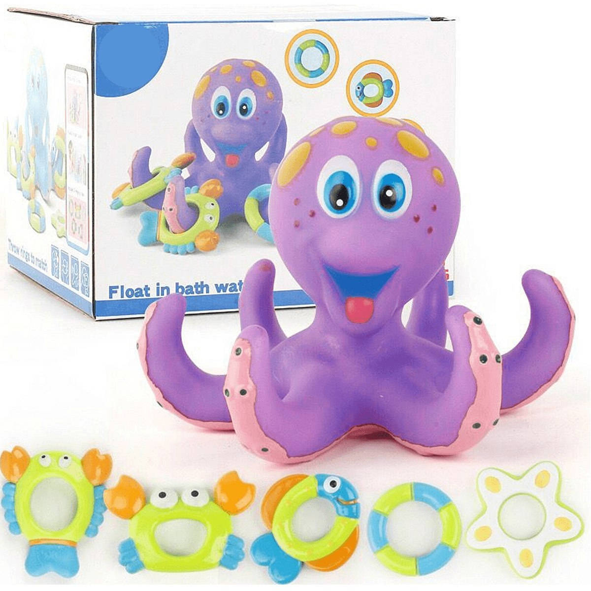 Schwimmender Oktopus aus weichem Gummi-ABS-Badespielzeug für Babys mit 5 Meerestier-Ringen, gegossener Kreis als Geschenk für Kinder