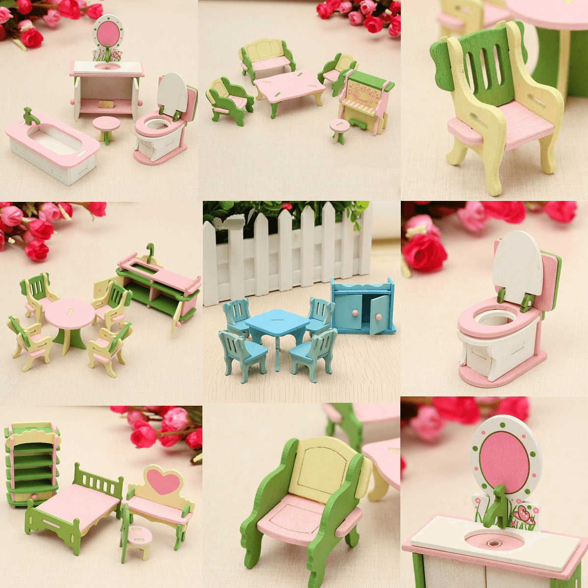 Wooden Furniture Set Doll House Miniature Room Accessories Kids Pretend Play Toy Gift Decor