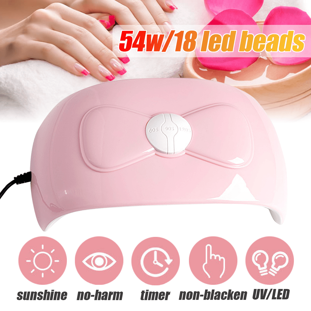 54W UV LED Lamp for Manicure Nail Dryer Machine Pink Bow Lamp for Curing Polish Sunlight Nail Tools