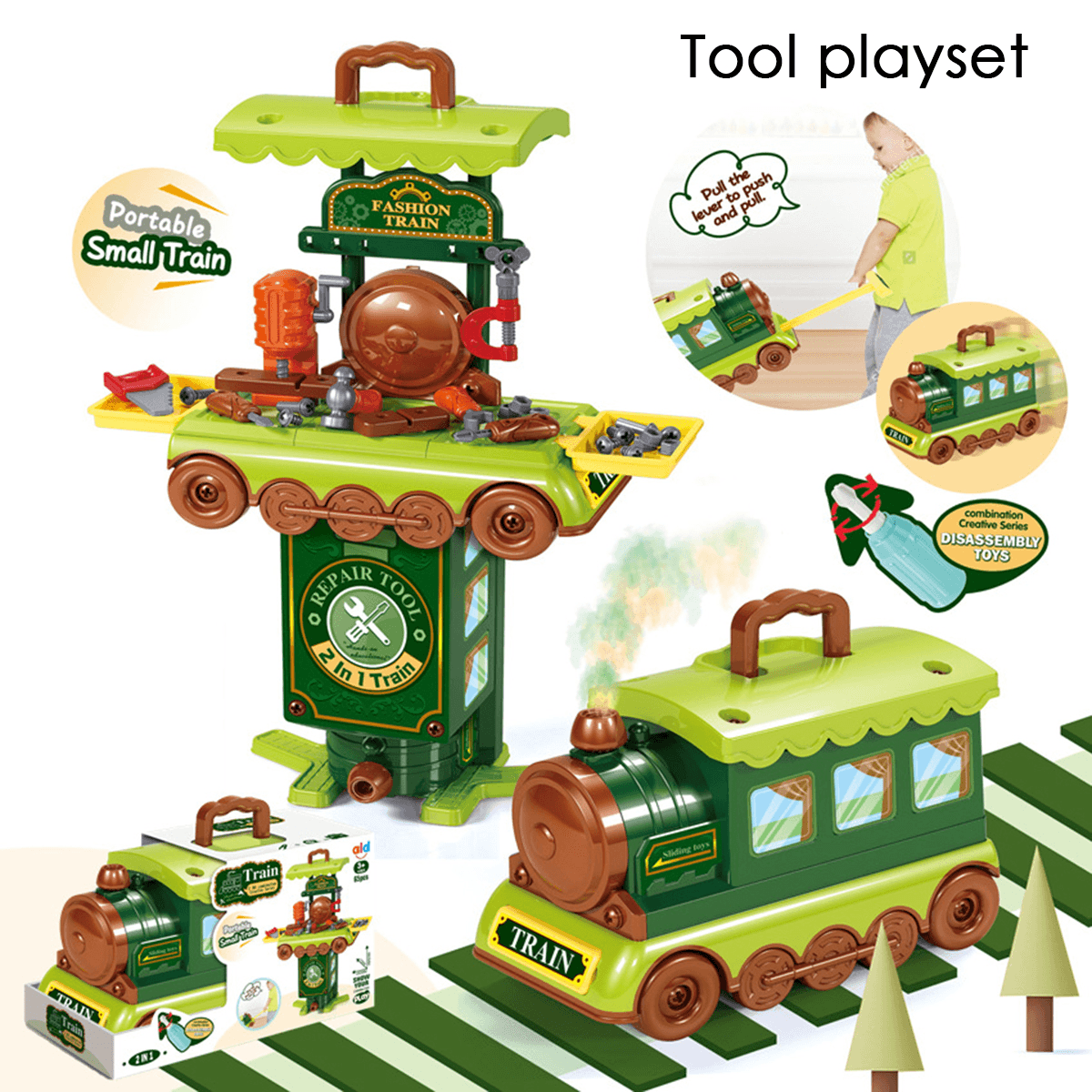 2 in 1 Multi-Style Kitchen Cooking Play and Portable Small Train Learning Set Toys for Kids Gift