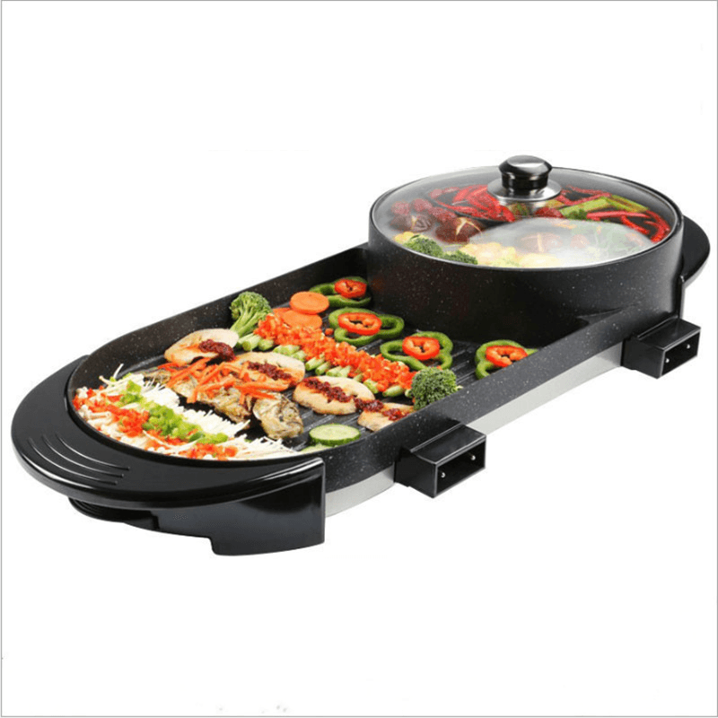 2 in 1 Multi-Function Separation Barbecue Pan Hot Pot Non-Stick Grill Roasting Pan Electric Skillet