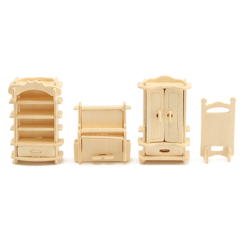 34 Pcs 3D DIY Wooden Miniature Dollhouse Furniture Model Unpainted Suite Toys