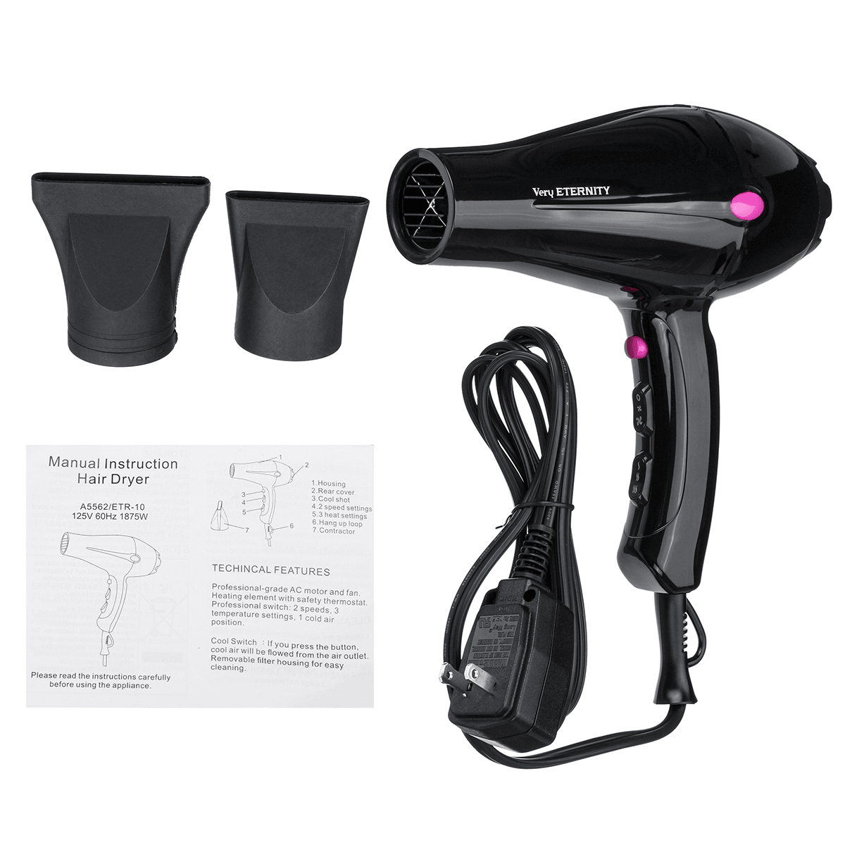 1875W Professional Hair Dryer 2 Speeds 3 Heats Settings Blower Beauty Best Travel Salon