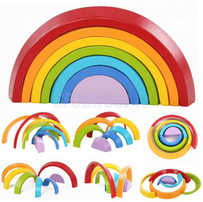 KINGSO Wooden Rainbow Toys 7Pcs Rainbow Stacker Educational Learning Toy Puzzles Colorful Building Blocks for Kids Baby Toddlers