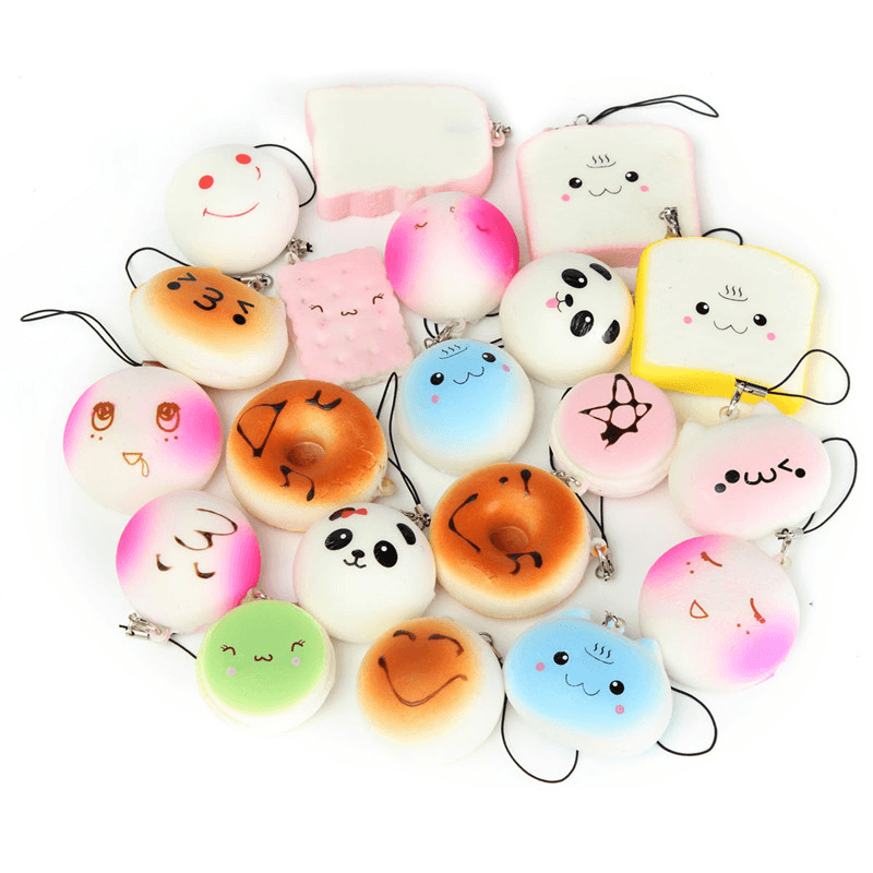 20 Stück zufällige mittelgroße Mini-Squishy-Soft-Panda-Brot-Kuchen-Brötchen-Handybänder