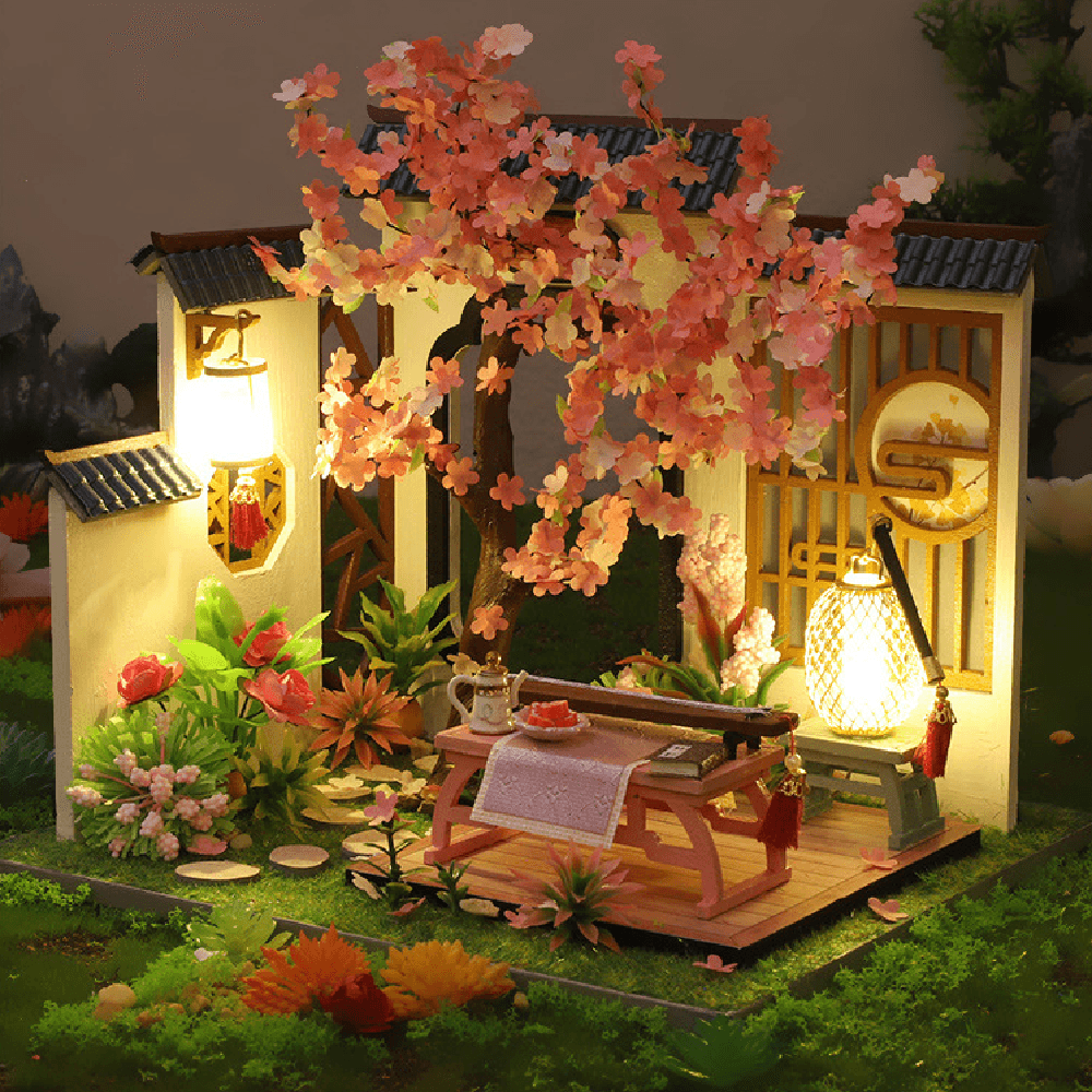 Creative DIY Chinese Style Retro Architectural Model Wooden Doll House Miniature Landscape Home Creative Gifts with Dust Cover and Furniture