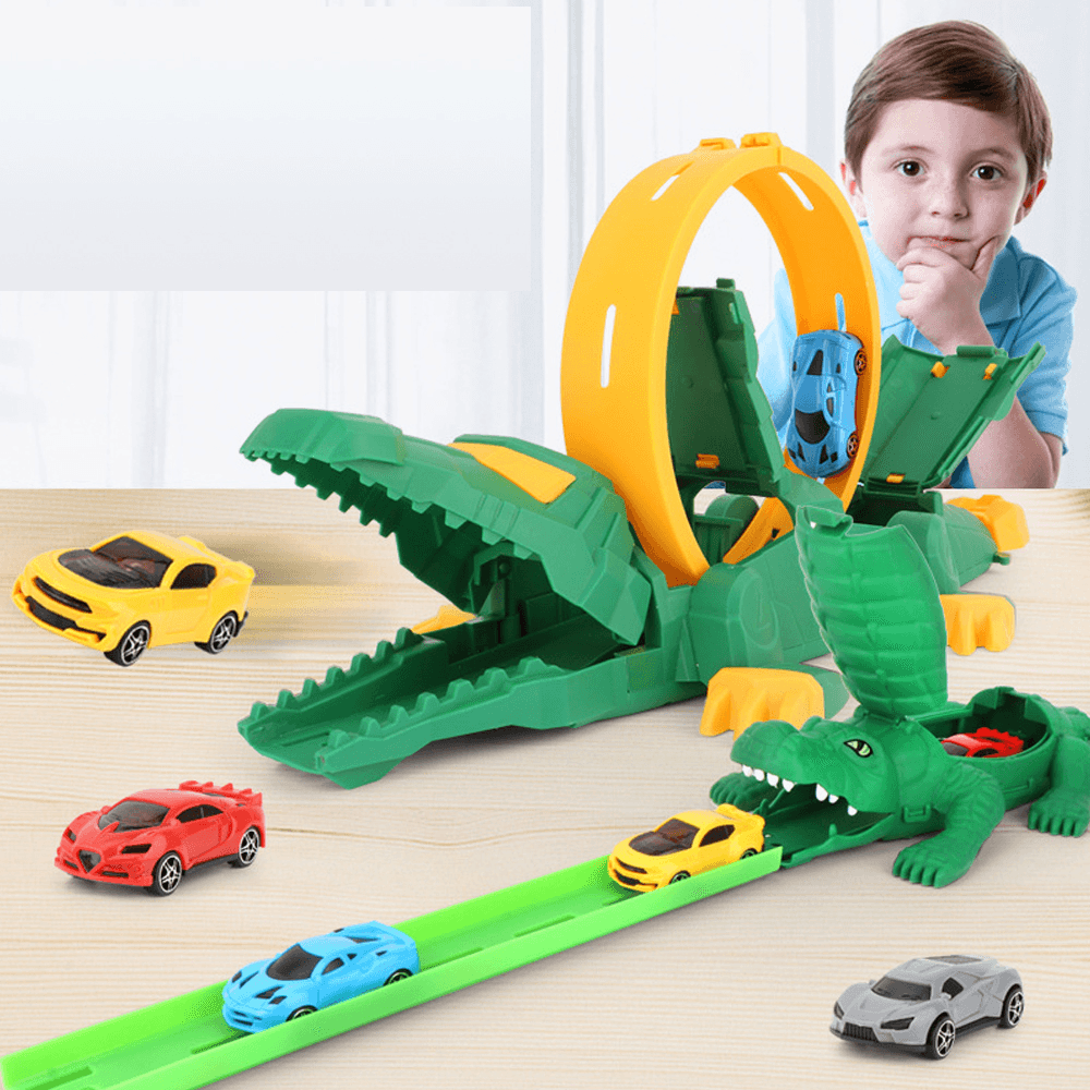 Creative DIY Assemble Crocodile Parking Lot Catapults Rail Car 360° Rotating Transmitter Track Educational Puzzle Toy for Kids Gift