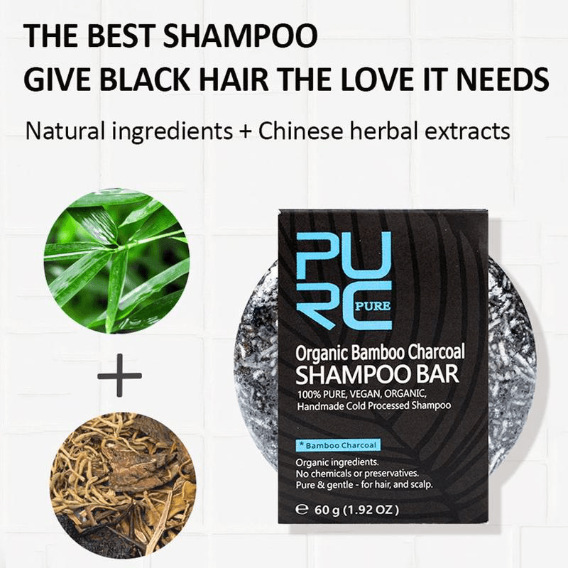 Barra de champú de carbón de bambú orgánico PURC, jabón de desintoxicación limpio, tratamiento de tinte de Color negro para el cabello, champú para el cabello, jabón brillante para el tratamiento del cabello